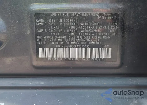 2010 Subaru Outback 2.5I Premium z USA, uszkodzony, nr VIN 4S4BRBCC6A3375192